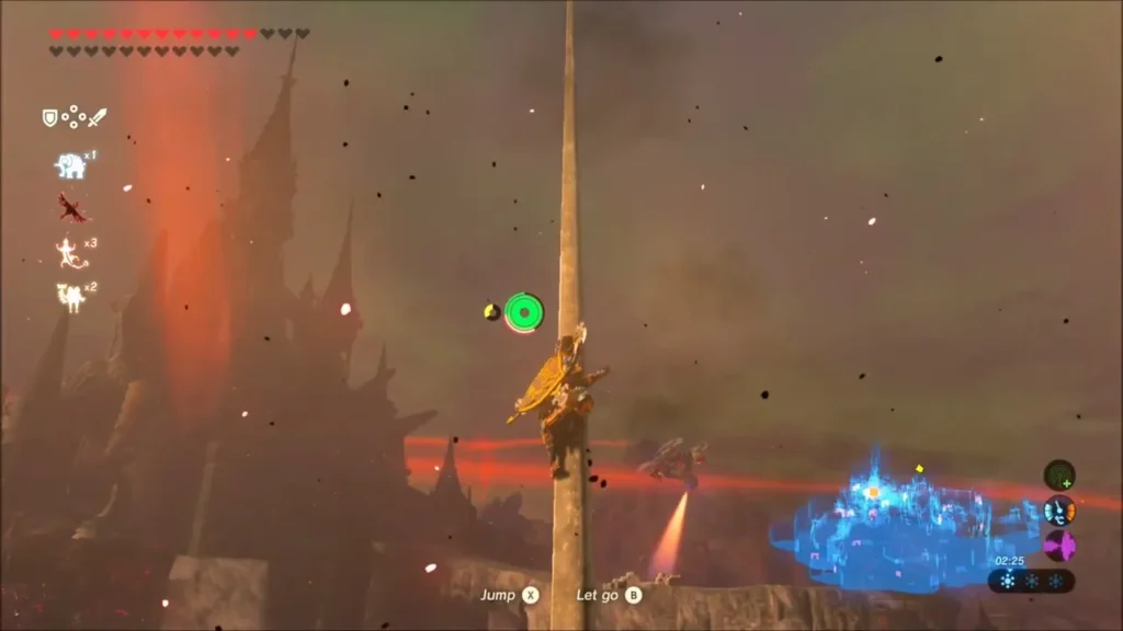 Link climbing a tall pole above the rampart under a red sky Link climbing a tall pole above the rampart under a red sky