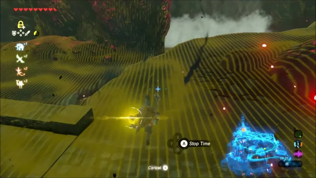 Link aiming a Stasis-frozen object to launch himself upward Link aiming a Stasis-frozen object to launch himself upward