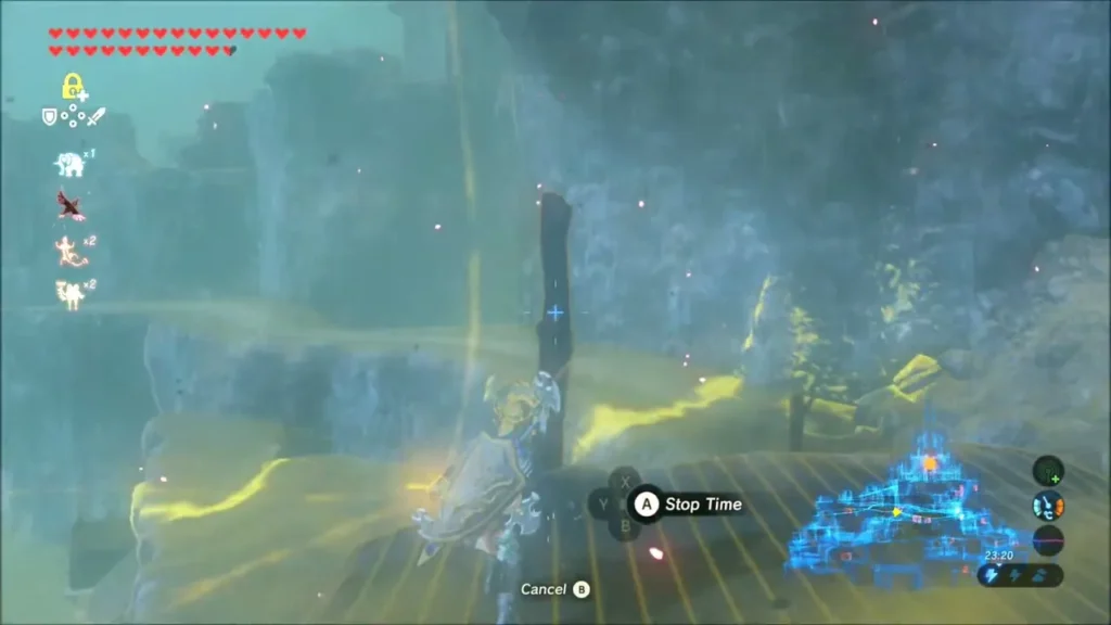 Link using Stasis on an object near the plateau in the rain Link using Stasis on an object near the plateau in the rain