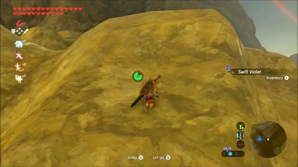 Link on a sandy cliff with the Swift Violet pickup prompt showing Link on a sandy cliff with the Swift Violet pickup prompt showing