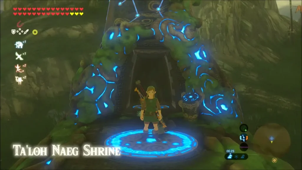Link on the Ta'loh Naeg Shrine pad with its title card Link on the Ta'loh Naeg Shrine pad with its title card