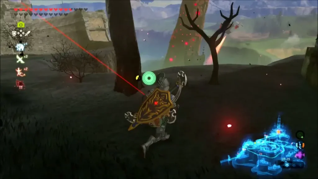 Link running past dead trees while a Guardian Turret aims its red laser Link running past dead trees while a Guardian Turret aims its red laser