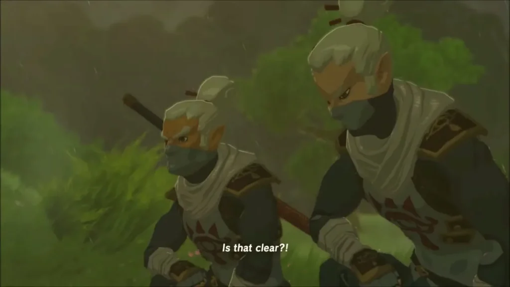 Two Yiga Clan members crouching in the trees, whispering about the plan Two Yiga Clan members crouching in the trees, whispering about the plan