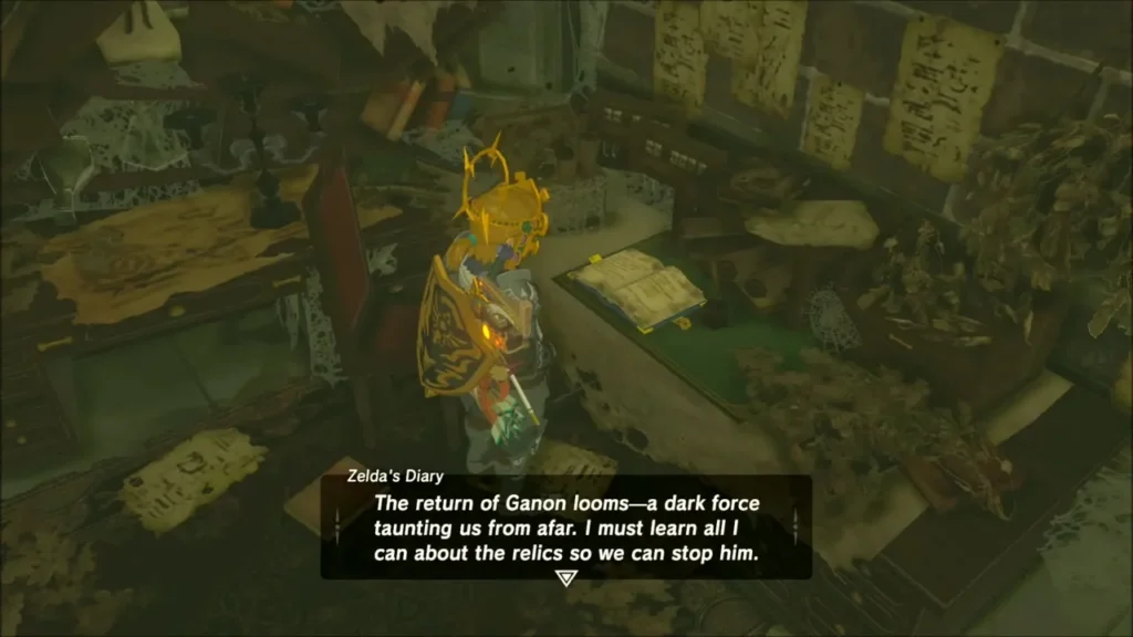 Link reading Zelda's Diary at her desk, the page about Ganon's return Link reading Zelda's Diary at her desk, the page about Ganon's return