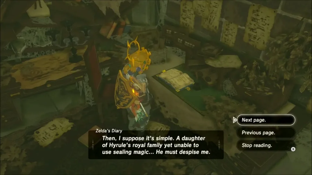 Link reading Zelda's Diary entry about her inability to use sealing magic Link reading Zelda's Diary entry about her inability to use sealing magic