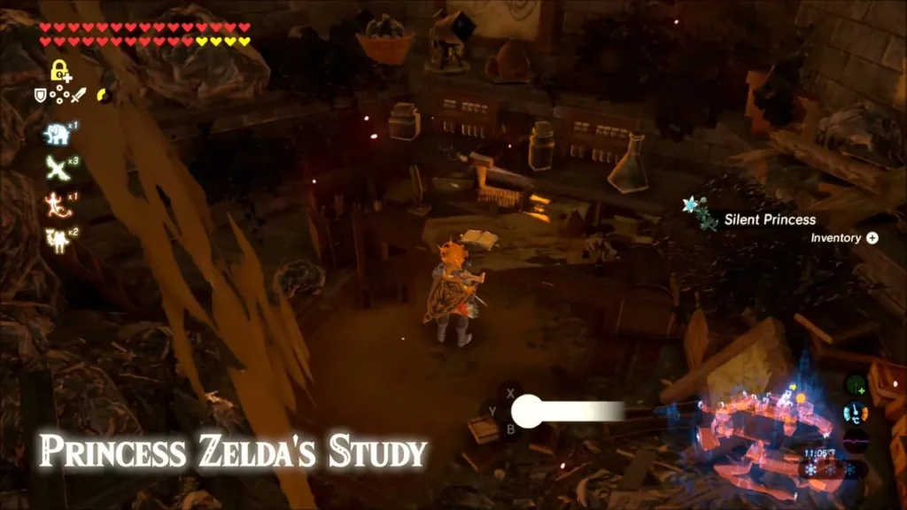 Link entering Princess Zelda's Study among cluttered shelves and desks Link entering Princess Zelda's Study among cluttered shelves and desks