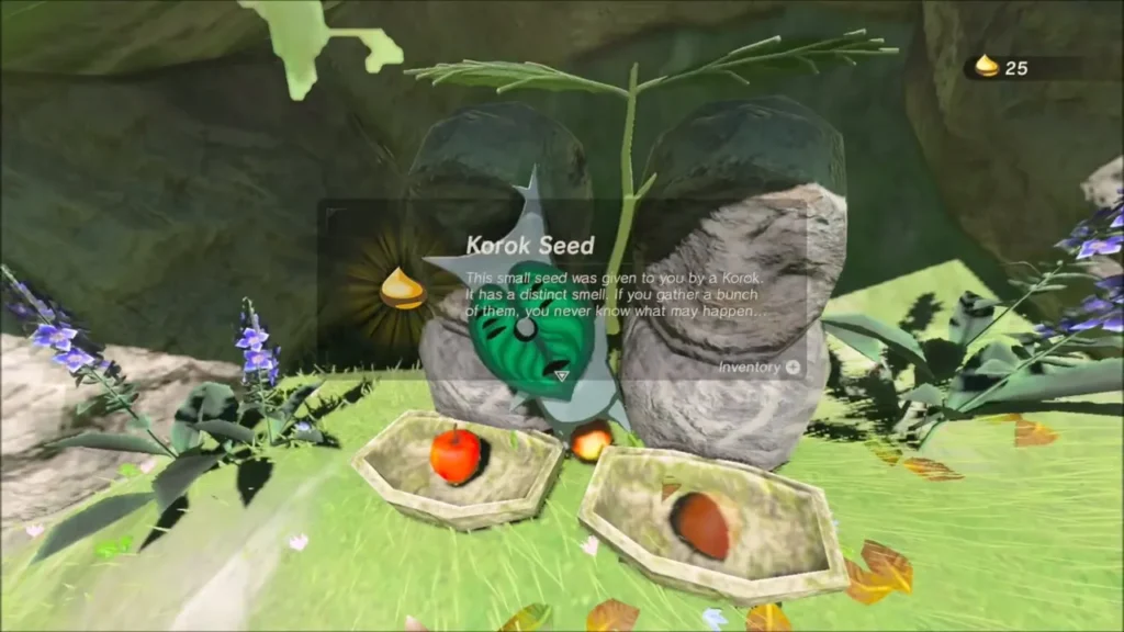 A Korok appearing beside the apple altar and handing over a Korok Seed A Korok appearing beside the apple altar and handing over a Korok Seed