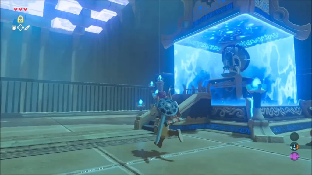Link running toward the monk sealed in glowing blue energy Link running toward the monk sealed in glowing blue energy