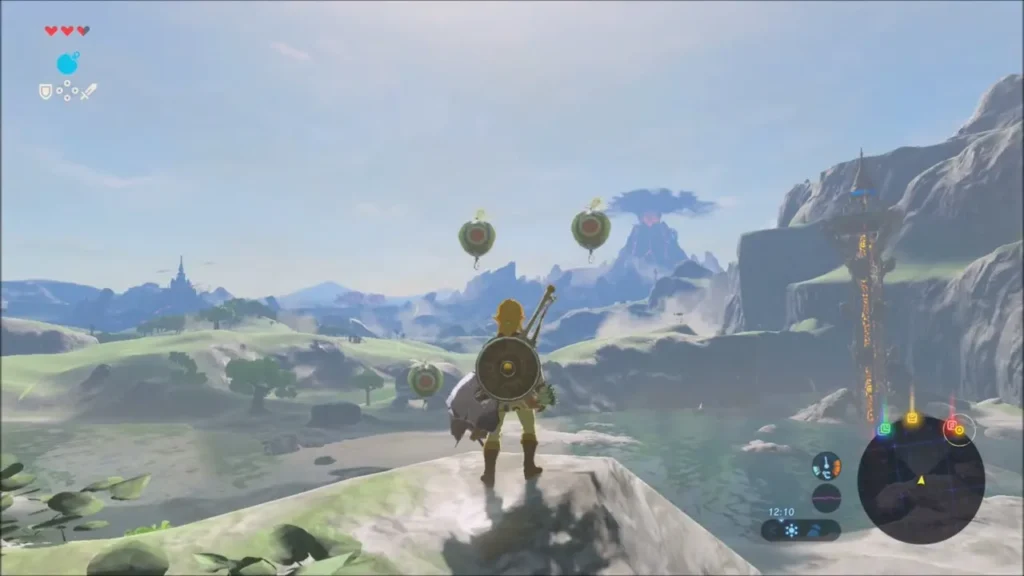Link on the hilltop with green balloon targets floating above Link on the hilltop with green balloon targets floating above