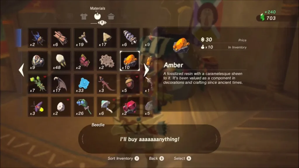 Beedle buying a spare Amber from Link for rupees Beedle buying a spare Amber from Link for rupees
