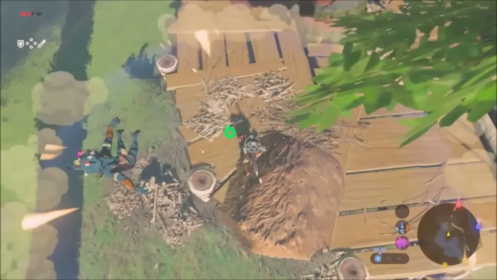 A defeated Bokoblin and smoke on the tree camp platform A defeated Bokoblin and smoke on the tree camp platform