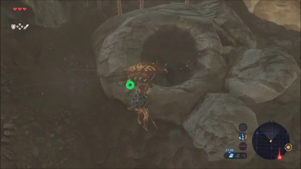 Link gliding down to a cave opening in the giant bone hill Link gliding down to a cave opening in the giant bone hill