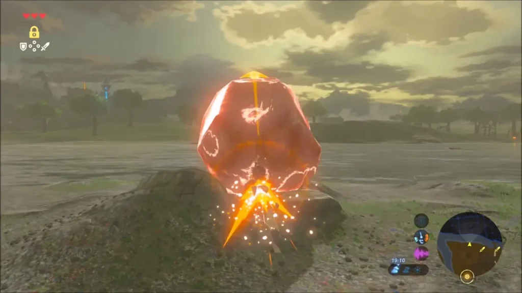 The boulder glowing red-orange with stored energy as it launches The boulder glowing red-orange with stored energy as it launches