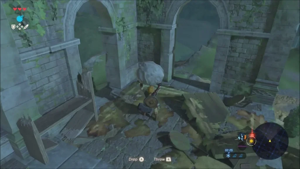 Link carrying a boulder across the broken floor of the ruins Link carrying a boulder across the broken floor of the ruins