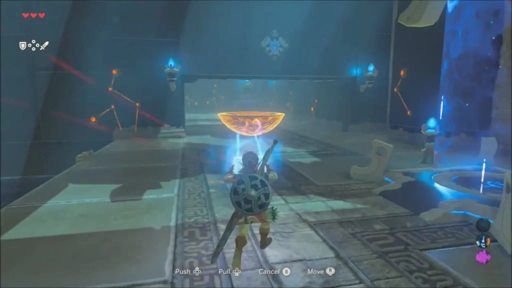 Link guiding the floating metal bowl into the next room with Magnesis Link guiding the floating metal bowl into the next room with Magnesis