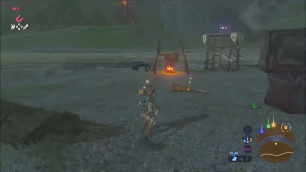 Bokoblin camp with a cooking pot over a fire and a lookout tower Bokoblin camp with a cooking pot over a fire and a lookout tower