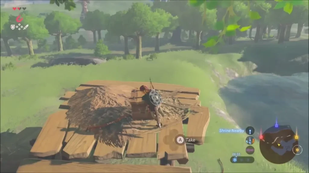 Link on the camp planks with a Take prompt for a weapon Link on the camp planks with a Take prompt for a weapon