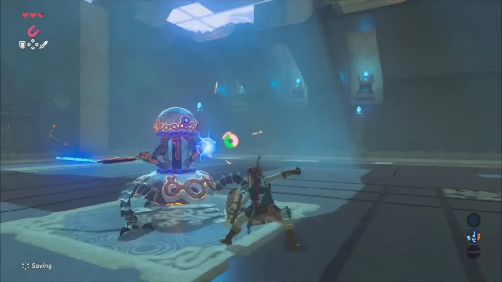Link swinging a heavy attack at the Guardian Scout as it staggers Link swinging a heavy attack at the Guardian Scout as it staggers