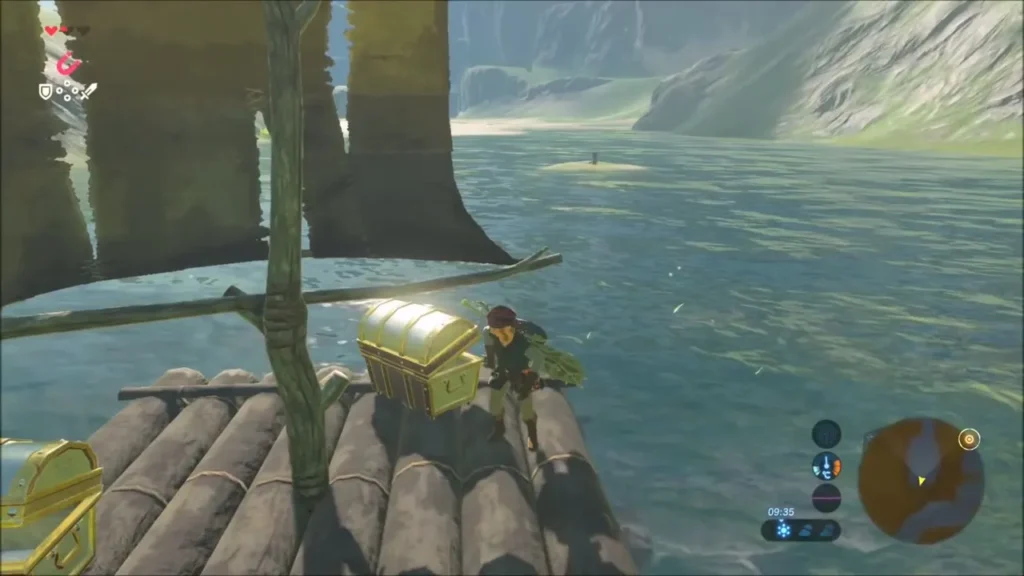 A golden chest on the raft beside Link A golden chest on the raft beside Link