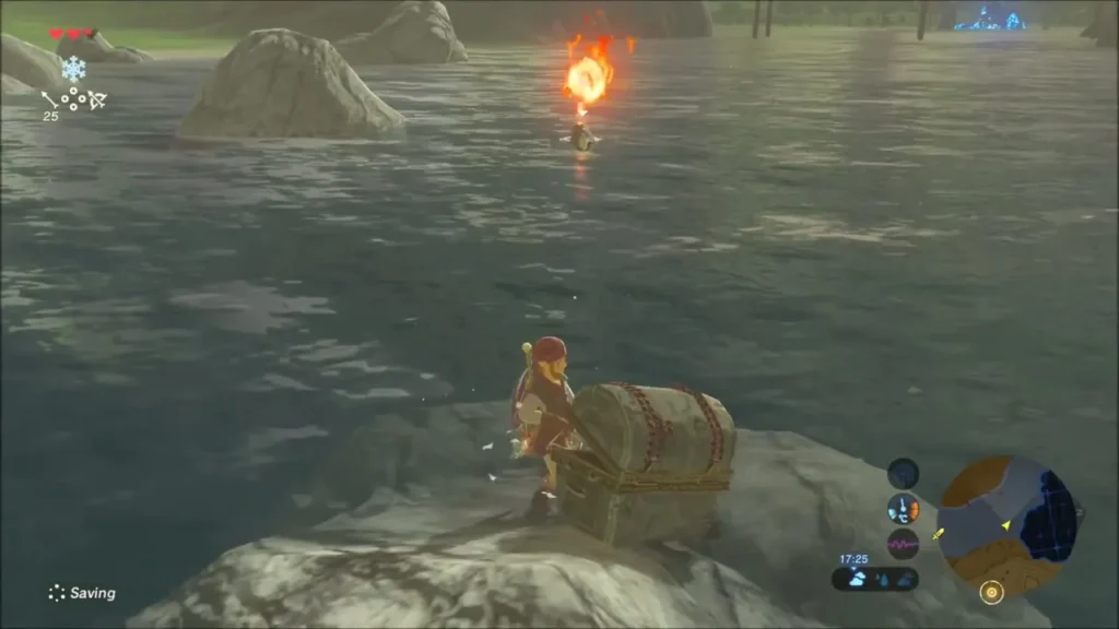 Link opening a chest on a rock in the water Link opening a chest on a rock in the water