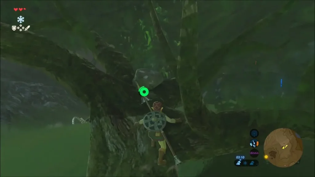 Link climbing the trunk and branches of a big tree on the hillside Link climbing the trunk and branches of a big tree on the hillside