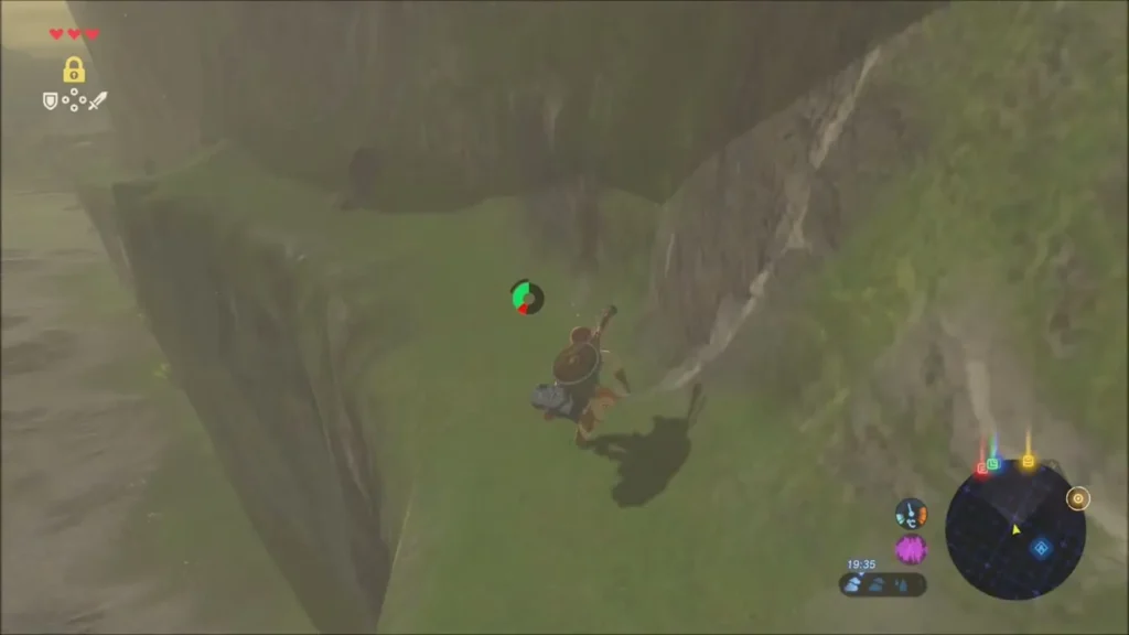 Link climbing a grassy cliff slope above the valley Link climbing a grassy cliff slope above the valley