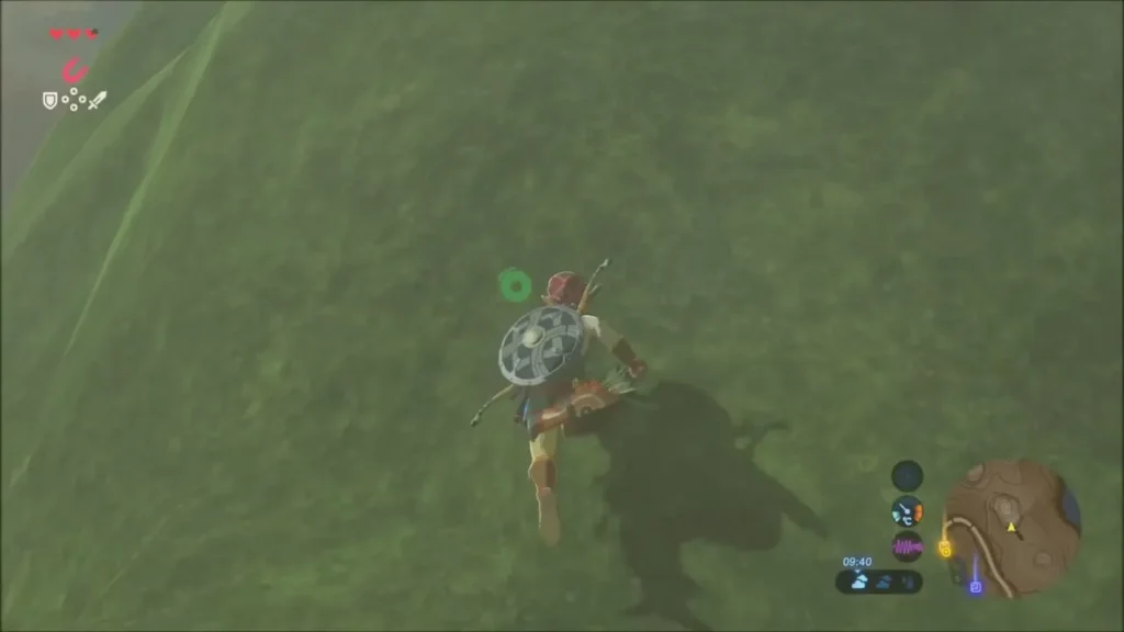 Link climbing the grassy slope of a round green hill Link climbing the grassy slope of a round green hill