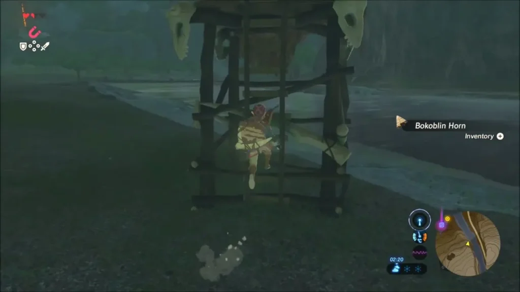 Link climbing the ladder of the wooden Bokoblin lookout Link climbing the ladder of the wooden Bokoblin lookout