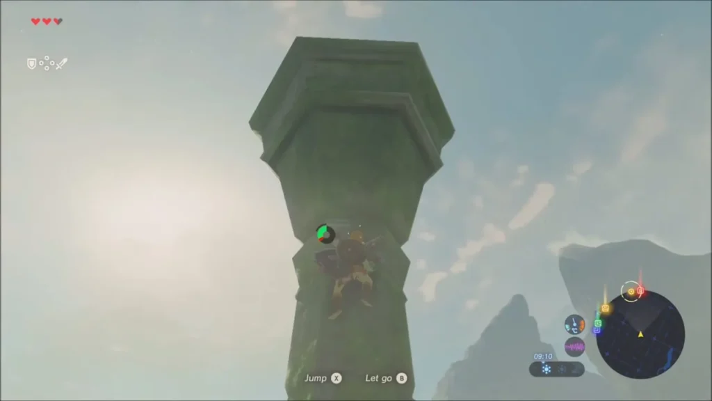 Link climbing a tall stone pillar against the sky Link climbing a tall stone pillar against the sky