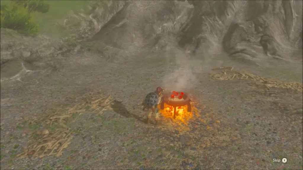 Link at a cooking pot over a campfire in the rain Link at a cooking pot over a campfire in the rain