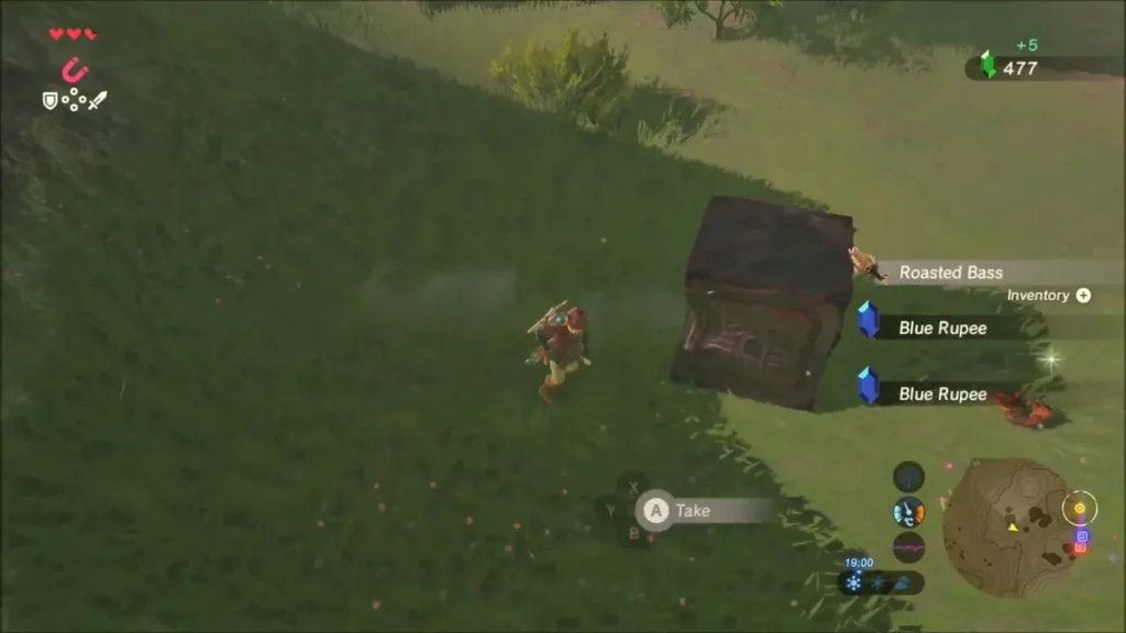 Opened crate with Roasted Bass and Blue Rupees listed as pickups Opened crate with Roasted Bass and Blue Rupees listed as pickups