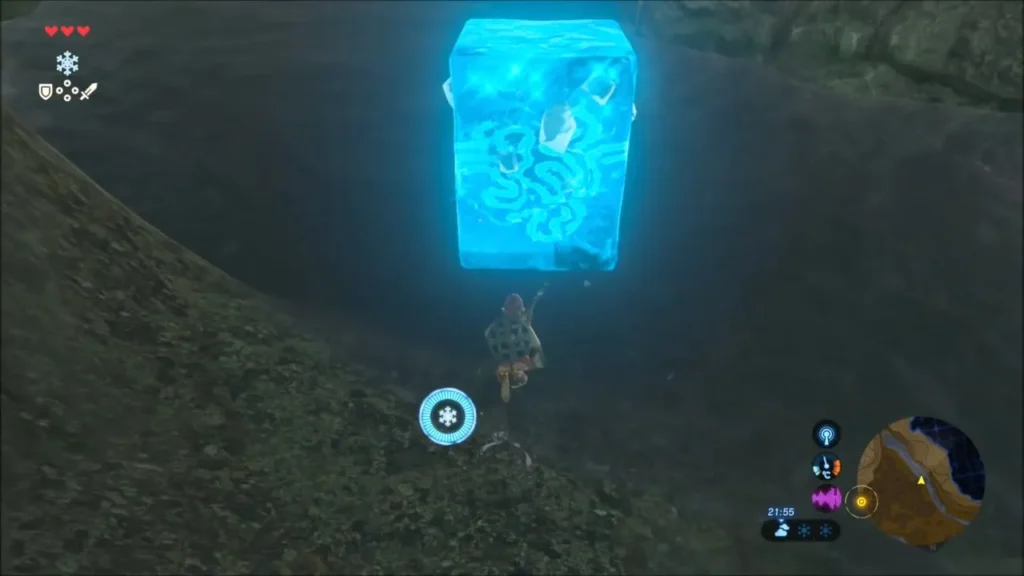Link raising an ice pillar with Cryonis at the water's edge Link raising an ice pillar with Cryonis at the water's edge
