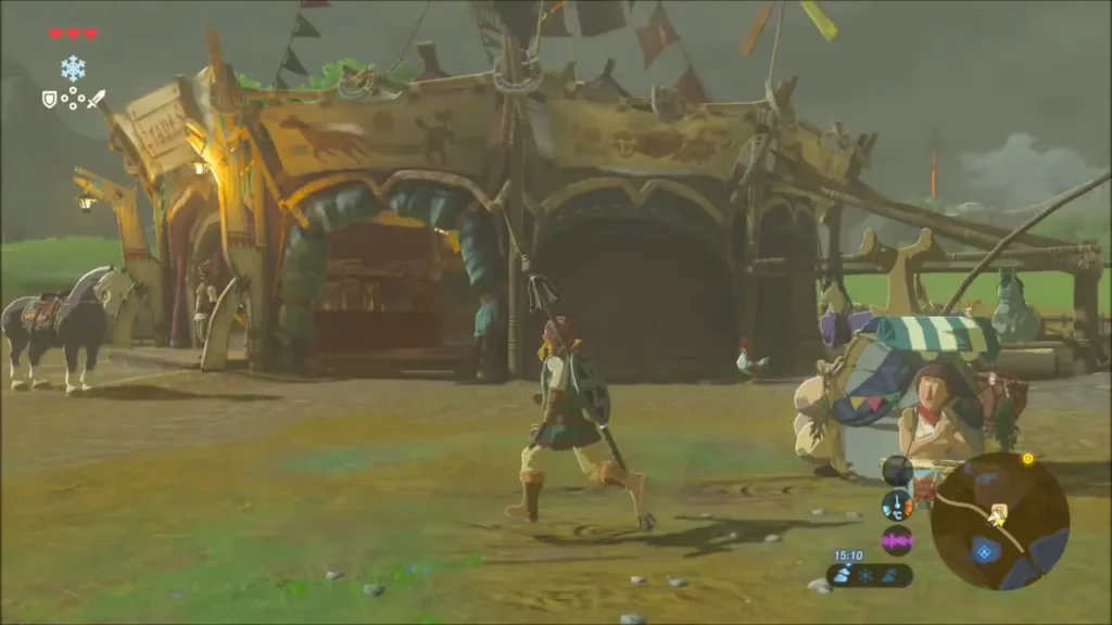 Link running up to Dueling Peaks Stable where a horse and shopkeeper wait Link running up to Dueling Peaks Stable where a horse and shopkeeper wait