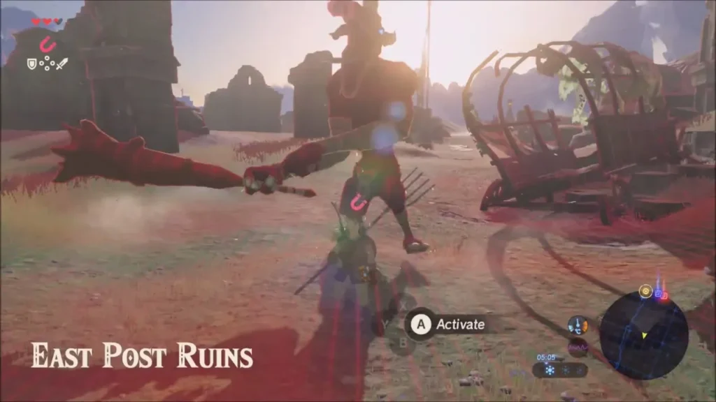 East Post Ruins title as a Moblin swings at Link beside a wrecked cart East Post Ruins title as a Moblin swings at Link beside a wrecked cart