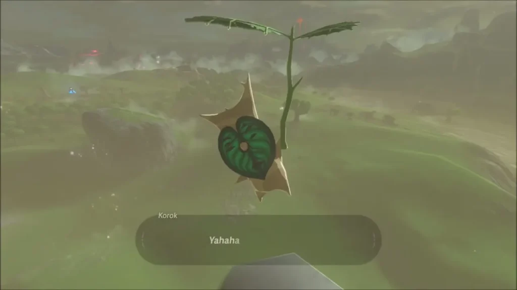 A Korok floating above the hilltop greeting Link A Korok floating above the hilltop greeting Link