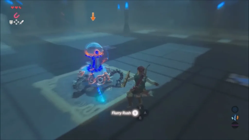 Link beside the Guardian Scout with the Flurry Rush prompt showing after a dodge Link beside the Guardian Scout with the Flurry Rush prompt showing after a dodge