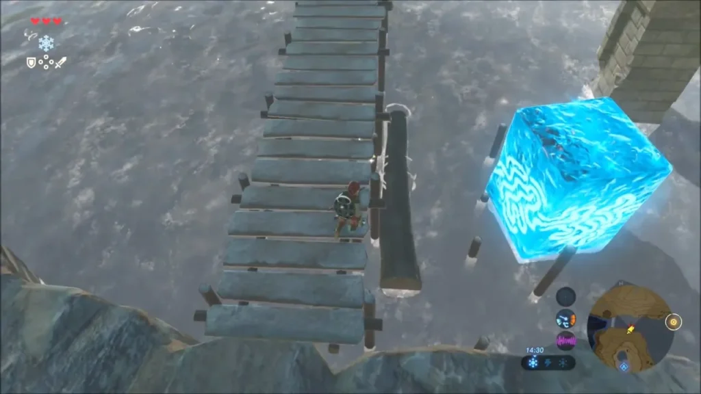 Link on the wooden pier beside a frozen block of ice Link on the wooden pier beside a frozen block of ice