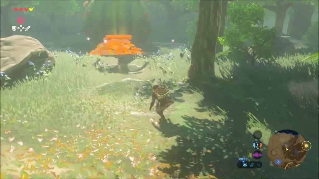 Link running through the forest toward a giant orange flower on the hillside Link running through the forest toward a giant orange flower on the hillside