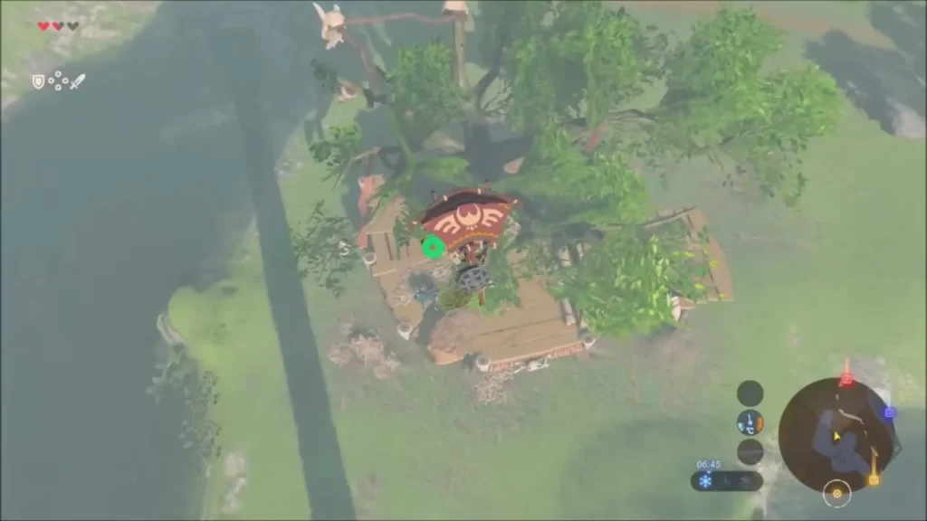 Link gliding down onto the wooden camp wrapped around a big tree Link gliding down onto the wooden camp wrapped around a big tree