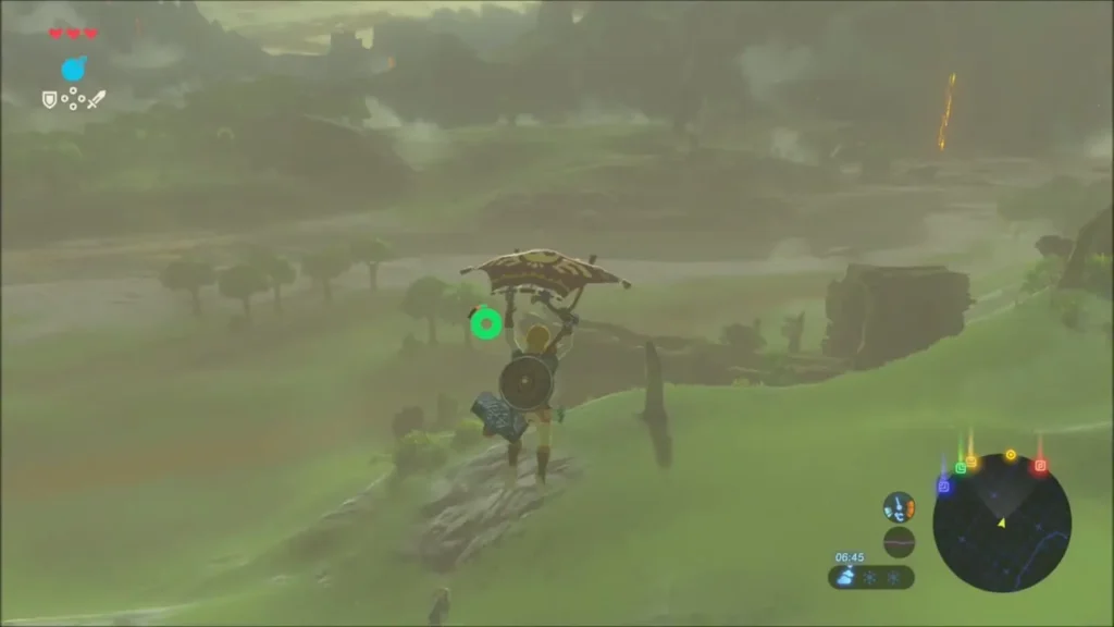 Link gliding over green hills toward the stone arch Link gliding over green hills toward the stone arch
