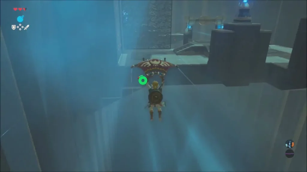 Link paragliding across a gap inside Bosh Kala Shrine Link paragliding across a gap inside Bosh Kala Shrine