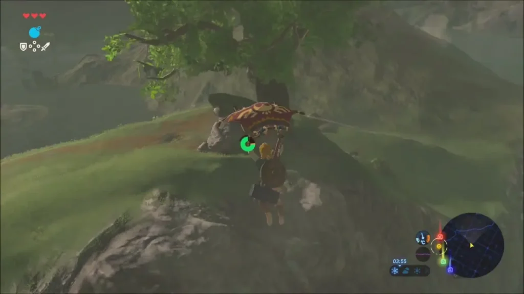 Link gliding toward a hilltop with one large tree and a boulder Link gliding toward a hilltop with one large tree and a boulder