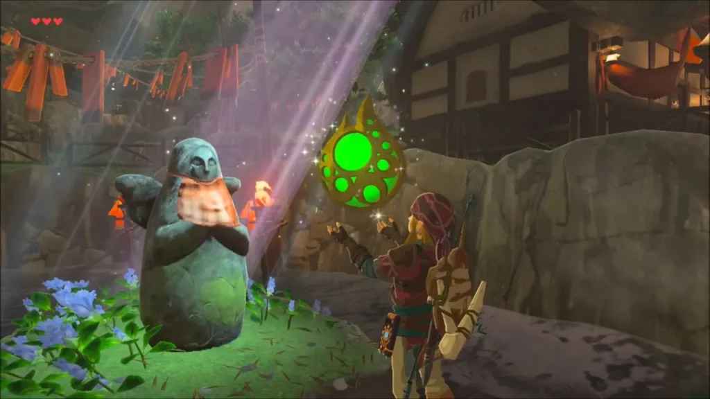 Link offering a glowing Spirit Orb to the Goddess Statue in Kakariko Village Link offering a glowing Spirit Orb to the Goddess Statue in Kakariko Village