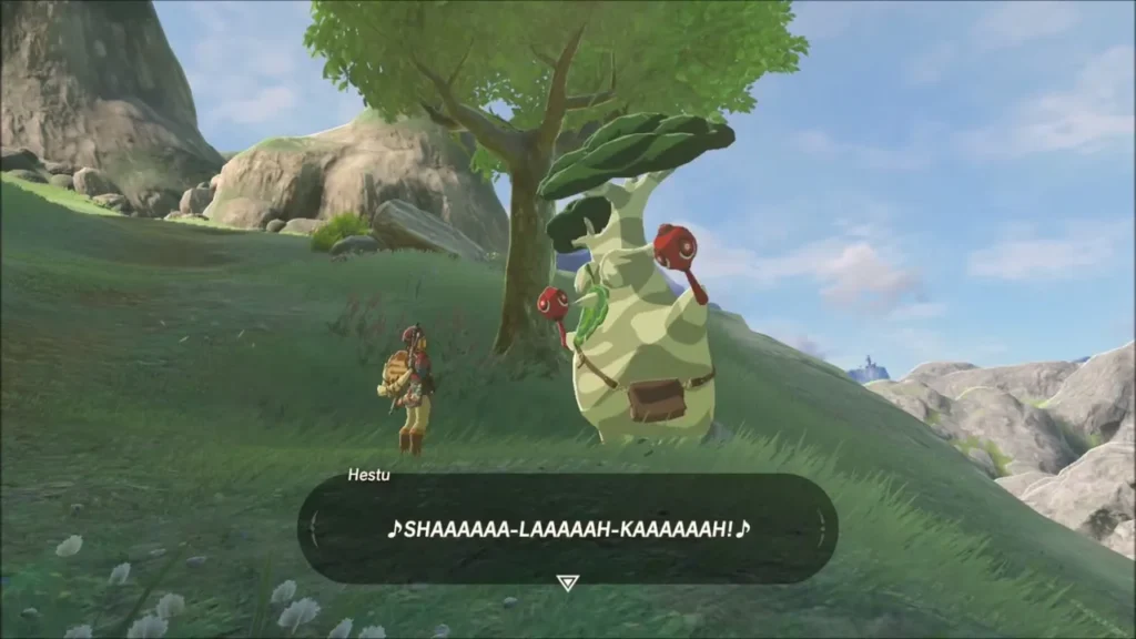 Hestu the Korok shaking his maracas on a grassy hillside while Link watches Hestu the Korok shaking his maracas on a grassy hillside while Link watches