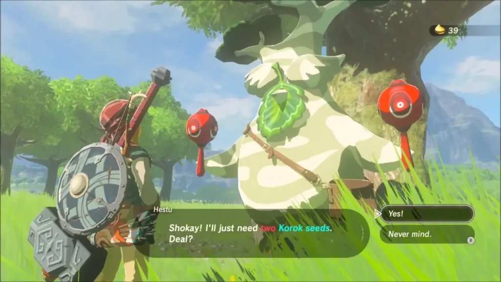 Link facing Hestu as he asks for two Korok seeds Link facing Hestu as he asks for two Korok seeds