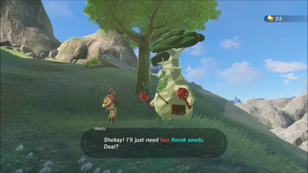 Hestu asking for two Korok seeds in exchange for an upgrade Hestu asking for two Korok seeds in exchange for an upgrade
