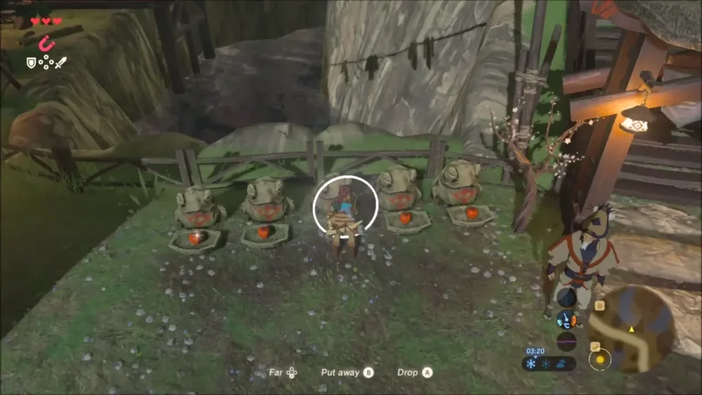 Link holding an apple in front of the row of stone statues Link holding an apple in front of the row of stone statues