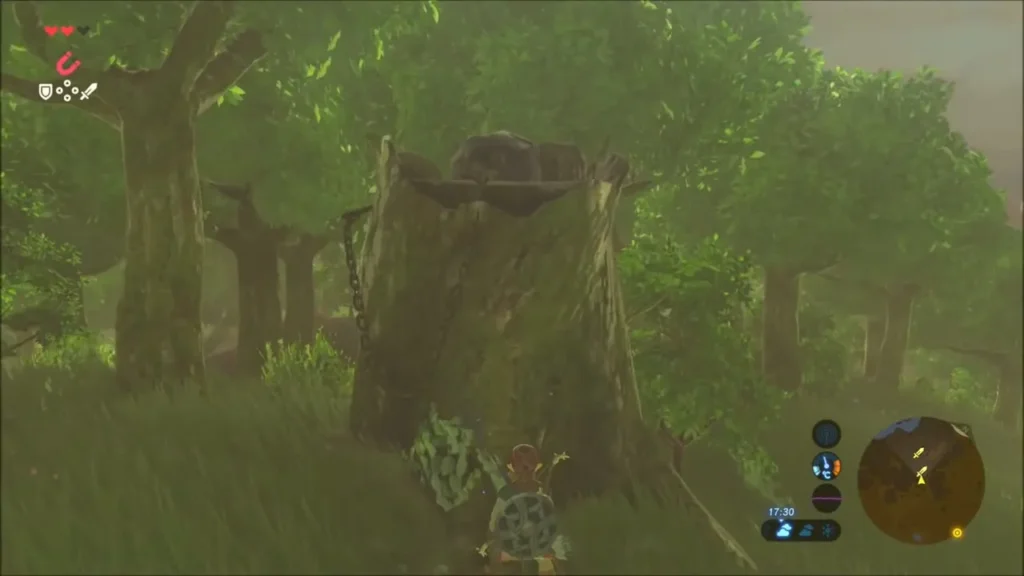 Link standing in front of the hollow stump with its opening empty Link standing in front of the hollow stump with its opening empty