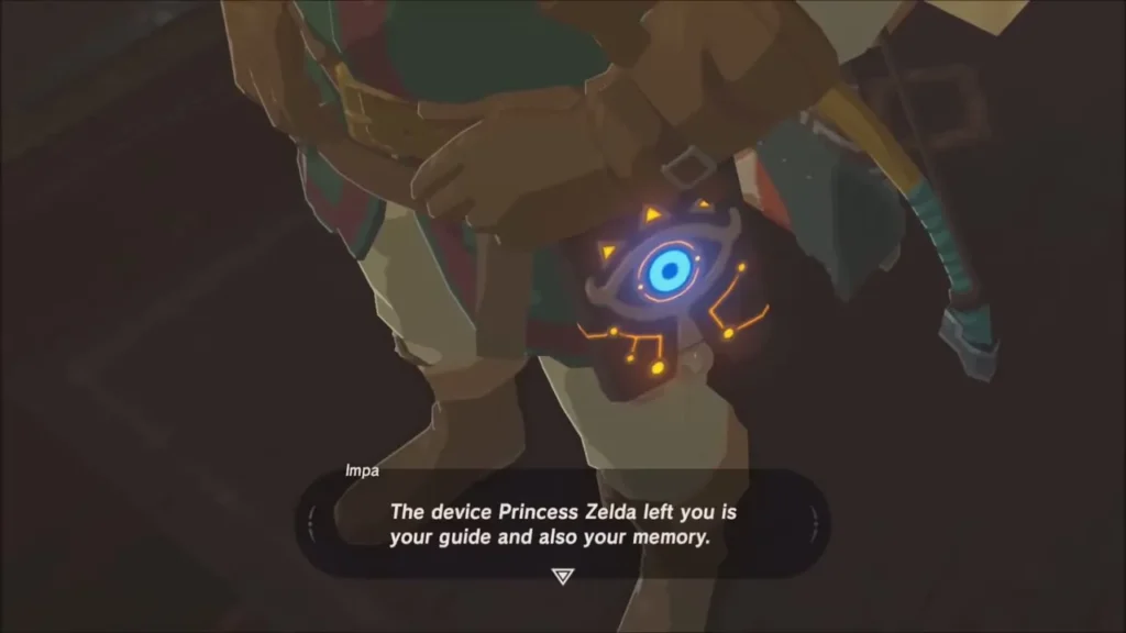 Impa speaking about the Sheikah Slate hanging at Link's belt Impa speaking about the Sheikah Slate hanging at Link's belt