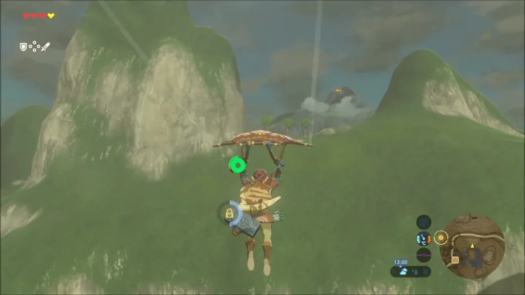 Link gliding down between the green hills and rock spires Link gliding down between the green hills and rock spires